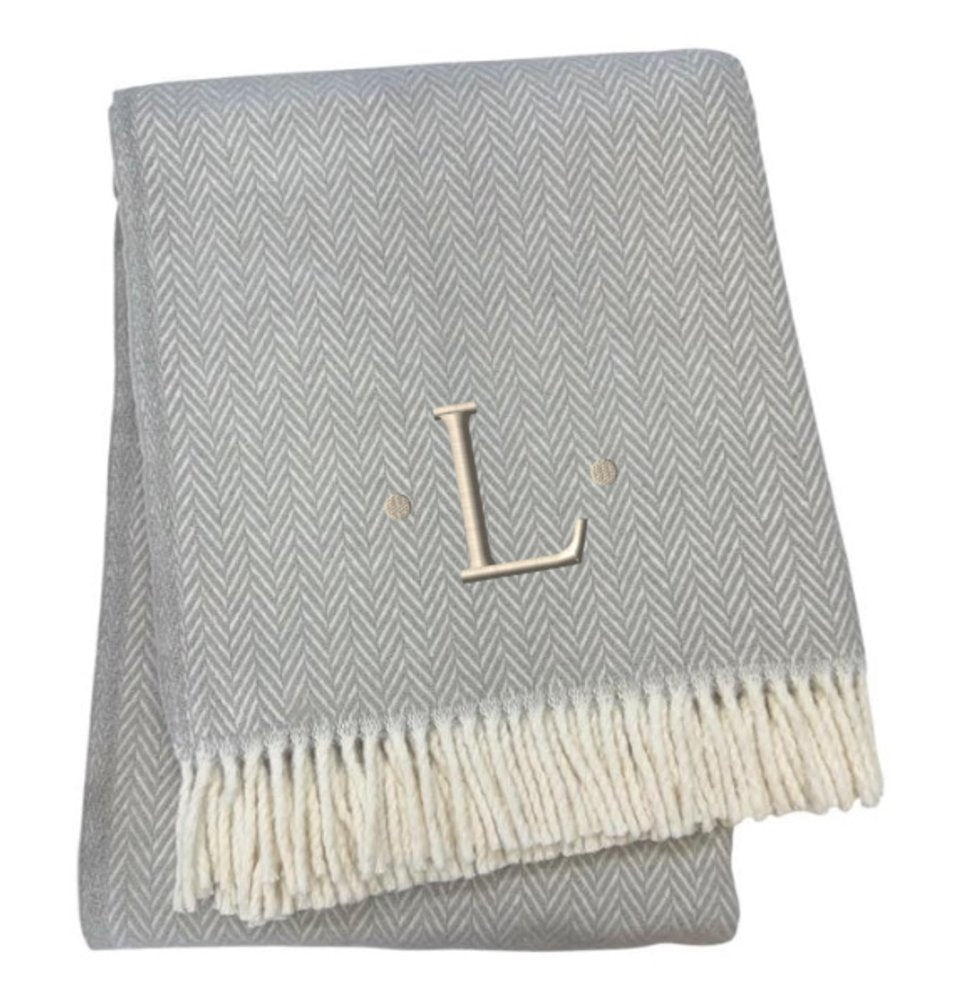 55" X 70" Gray And White Herringbone Cotton Blend A Initial Throw Blanket with Tassels And Embroidery