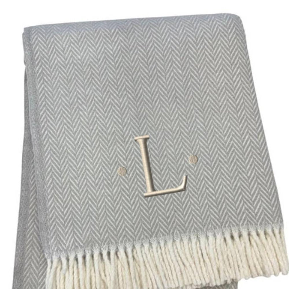 55" X 70" Gray And White Herringbone Cotton Blend A Initial Throw Blanket with Tassels And Embroidery