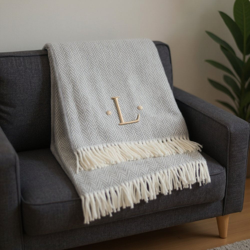 55" X 70" Gray And White Herringbone Cotton Blend A Initial Throw Blanket with Tassels And Embroidery