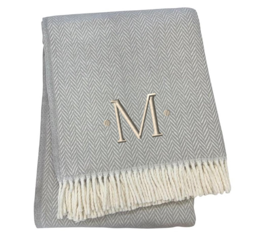 55" X 70" Gray And White Herringbone Cotton Blend A Initial Throw Blanket with Tassels And Embroidery