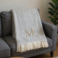 55" X 70" Gray And White Herringbone Cotton Blend A Initial Throw Blanket with Tassels And Embroidery