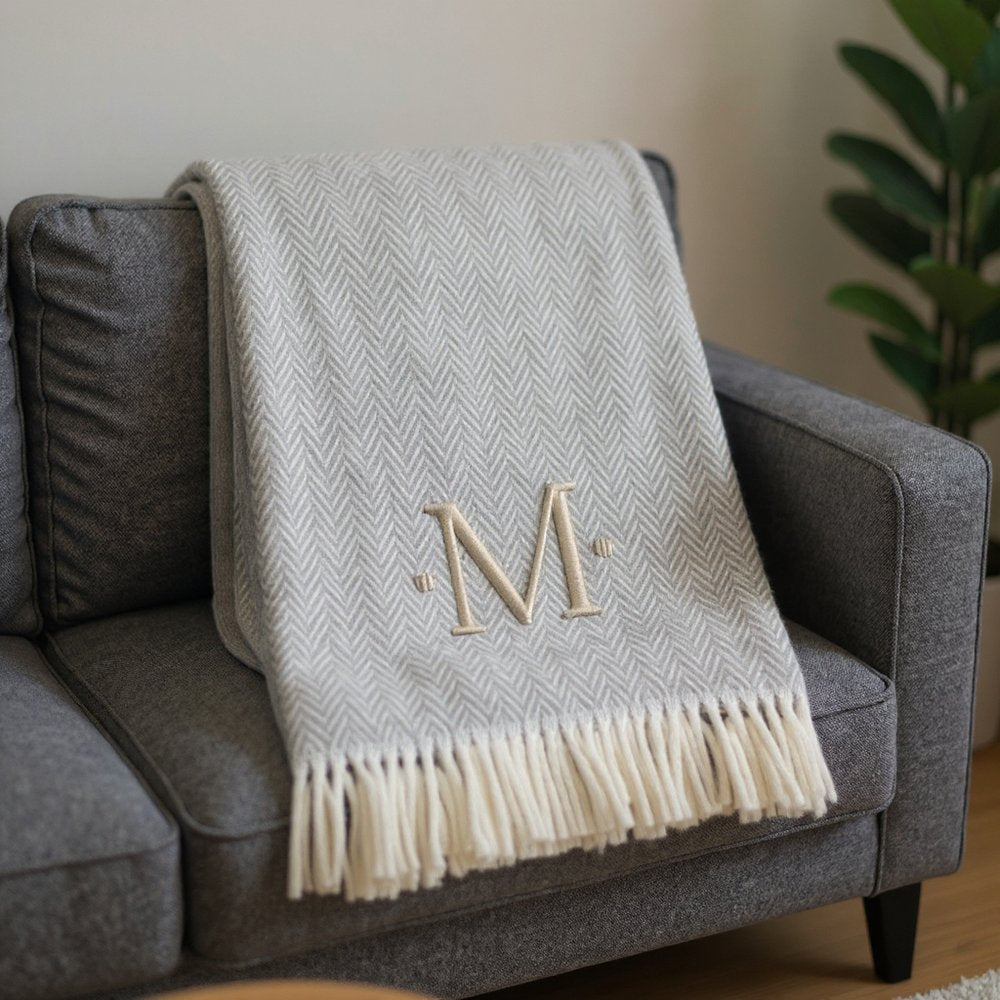 55" X 70" Gray And White Herringbone Cotton Blend A Initial Throw Blanket with Tassels And Embroidery