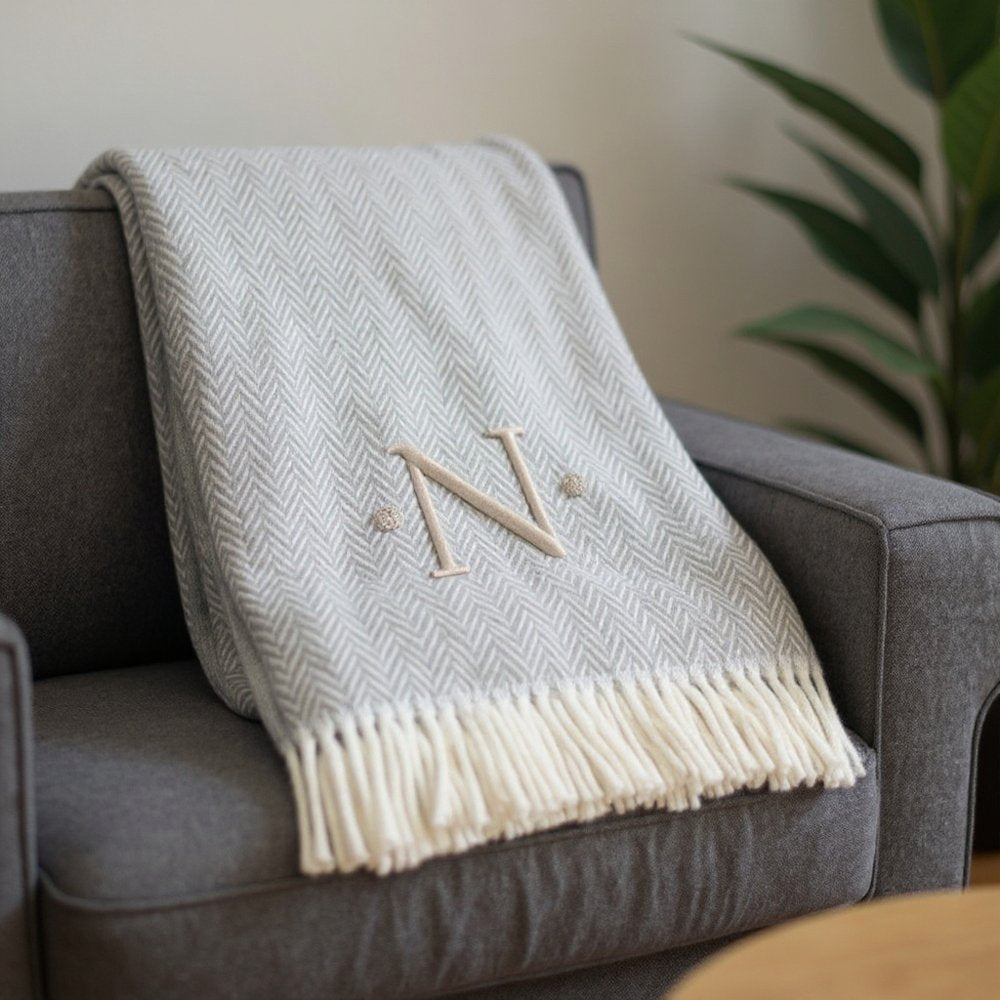 55" X 70" Gray And White Herringbone Cotton Blend A Initial Throw Blanket with Tassels And Embroidery