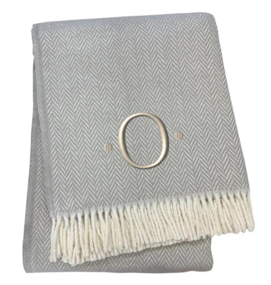 55" X 70" Gray And White Herringbone Cotton Blend A Initial Throw Blanket with Tassels And Embroidery