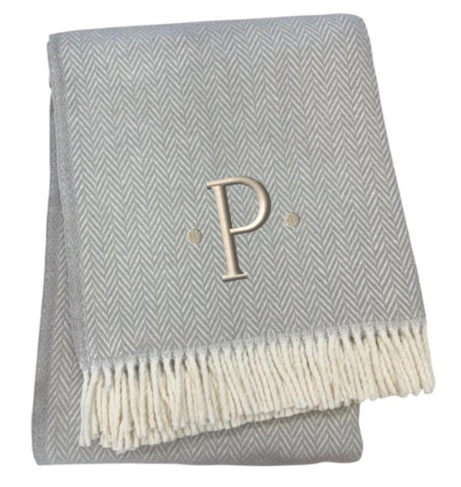 55" X 70" Gray And White Herringbone Cotton Blend A Initial Throw Blanket with Tassels And Embroidery