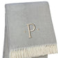 55" X 70" Gray And White Herringbone Cotton Blend A Initial Throw Blanket with Tassels And Embroidery