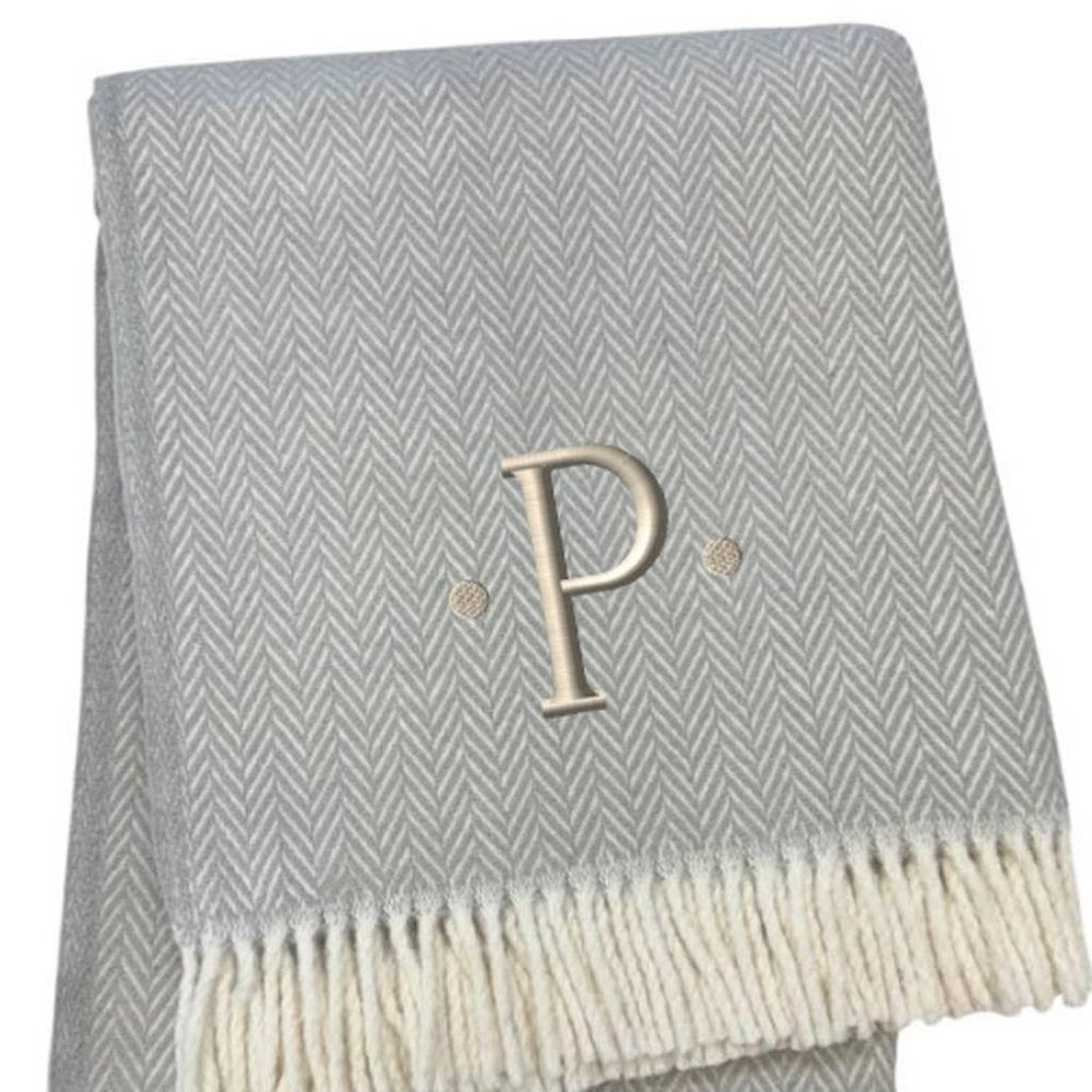55" X 70" Gray And White Herringbone Cotton Blend A Initial Throw Blanket with Tassels And Embroidery