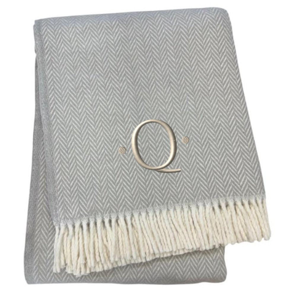 55" X 70" Gray And White Herringbone Cotton Blend A Initial Throw Blanket with Tassels And Embroidery