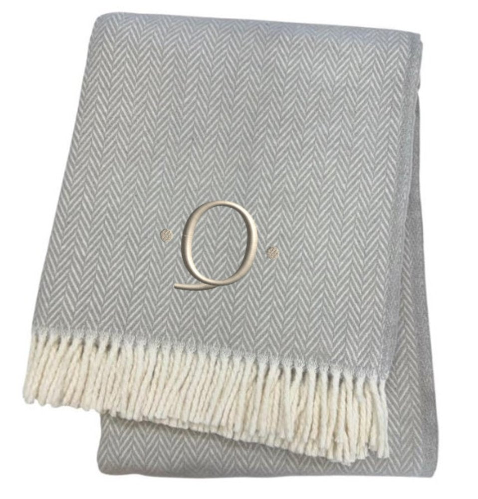55" X 70" Gray And White Herringbone Cotton Blend A Initial Throw Blanket with Tassels And Embroidery
