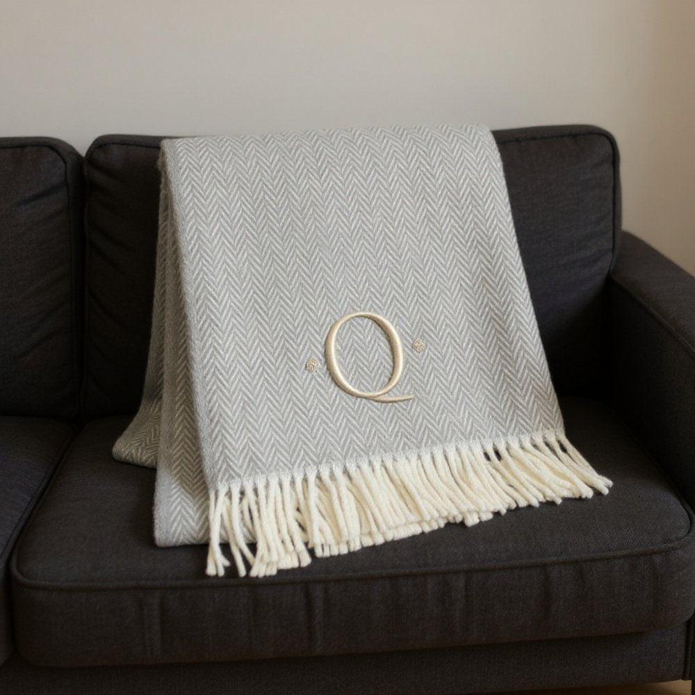 55" X 70" Gray And White Herringbone Cotton Blend A Initial Throw Blanket with Tassels And Embroidery