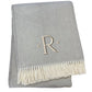 55" X 70" Gray And White Herringbone Cotton Blend A Initial Throw Blanket with Tassels And Embroidery
