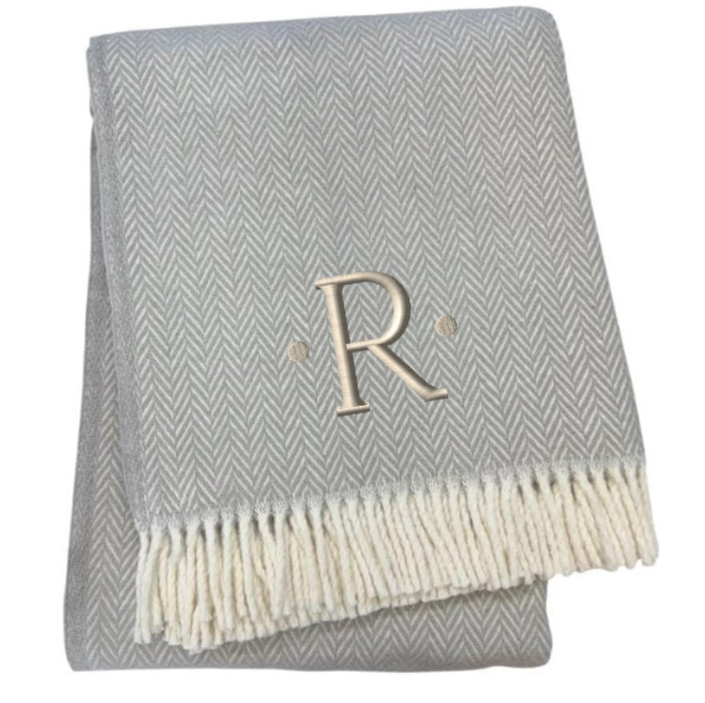 55" X 70" Gray And White Herringbone Cotton Blend A Initial Throw Blanket with Tassels And Embroidery