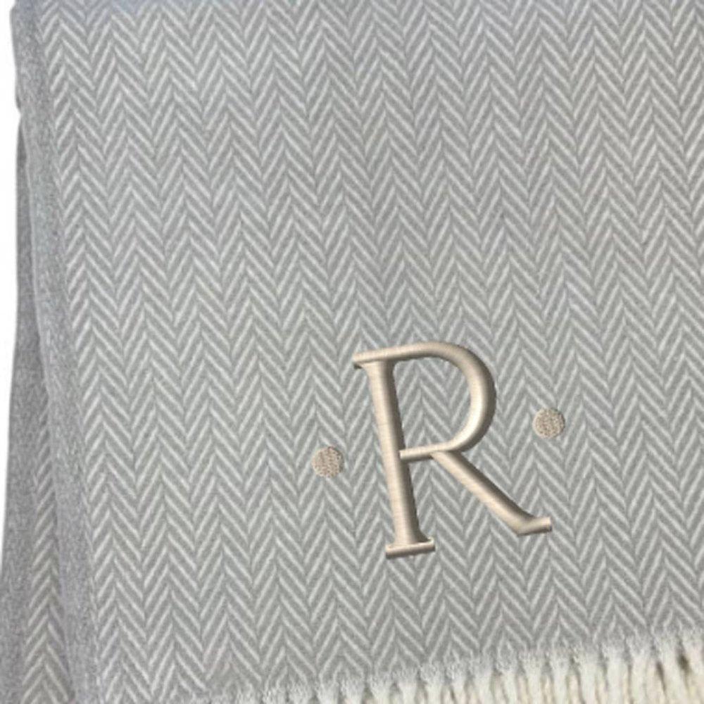 55" X 70" Gray And White Herringbone Cotton Blend A Initial Throw Blanket with Tassels And Embroidery