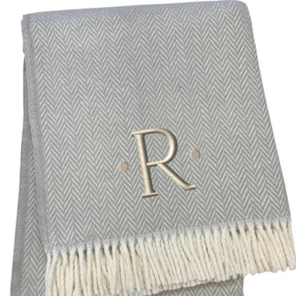 55" X 70" Gray And White Herringbone Cotton Blend A Initial Throw Blanket with Tassels And Embroidery