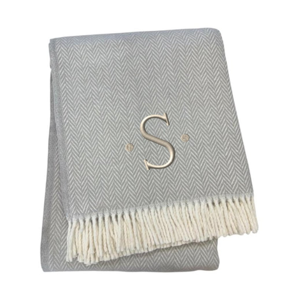 55" X 70" Gray And White Herringbone Cotton Blend A Initial Throw Blanket with Tassels And Embroidery