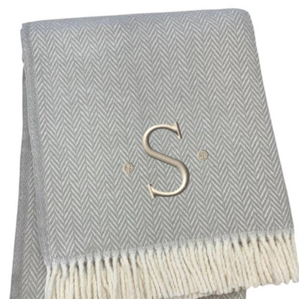 55" X 70" Gray And White Herringbone Cotton Blend A Initial Throw Blanket with Tassels And Embroidery