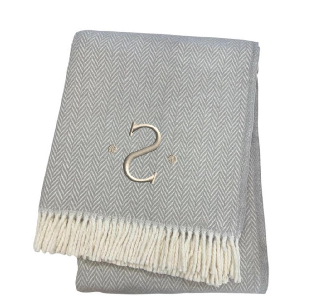 55" X 70" Gray And White Herringbone Cotton Blend A Initial Throw Blanket with Tassels And Embroidery