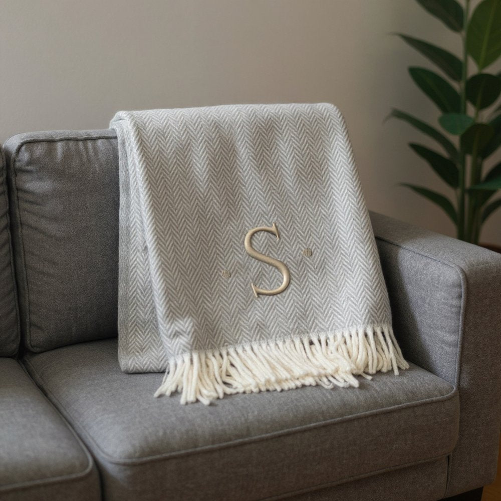 55" X 70" Gray And White Herringbone Cotton Blend A Initial Throw Blanket with Tassels And Embroidery