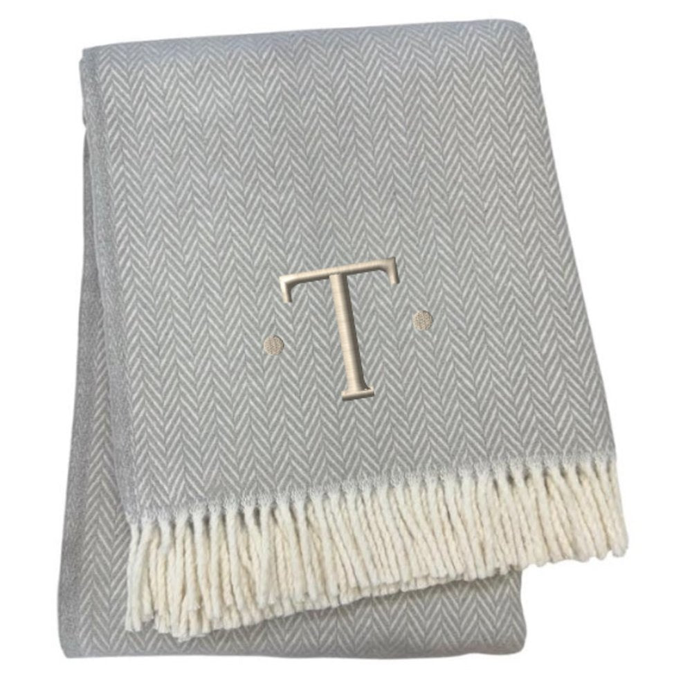 55" X 70" Gray And White Herringbone Cotton Blend A Initial Throw Blanket with Tassels And Embroidery