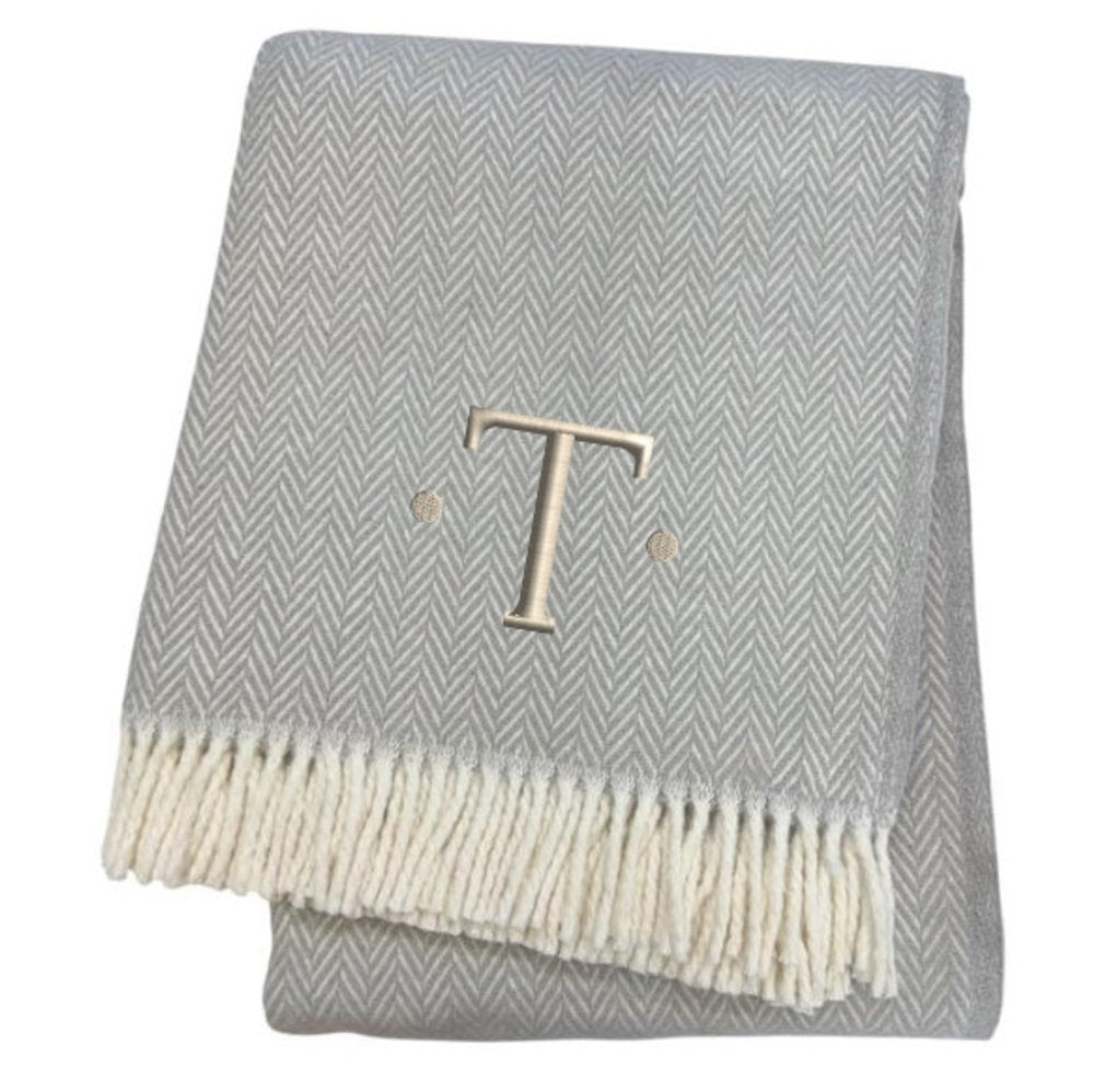 55" X 70" Gray And White Herringbone Cotton Blend A Initial Throw Blanket with Tassels And Embroidery