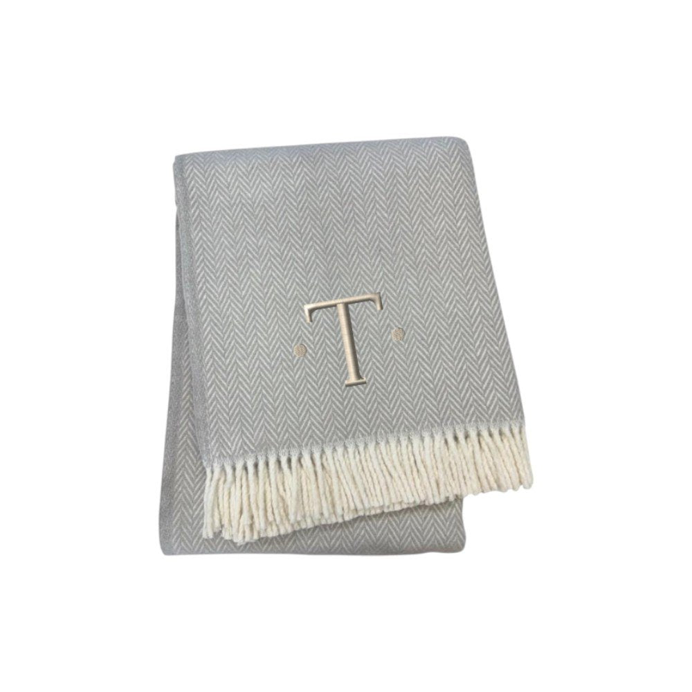 55" X 70" Gray And White Herringbone Cotton Blend A Initial Throw Blanket with Tassels And Embroidery