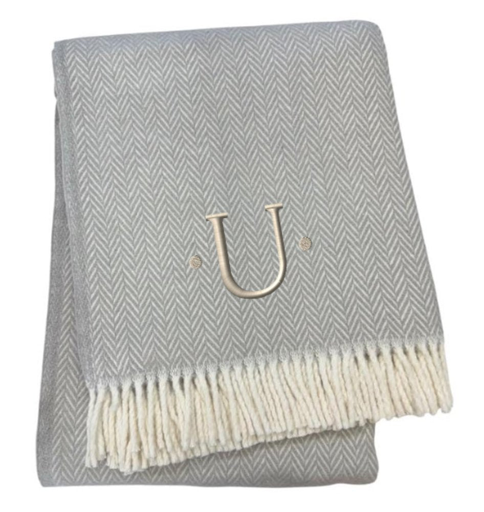 55" X 70" Gray And White Herringbone Cotton Blend A Initial Throw Blanket with Tassels And Embroidery