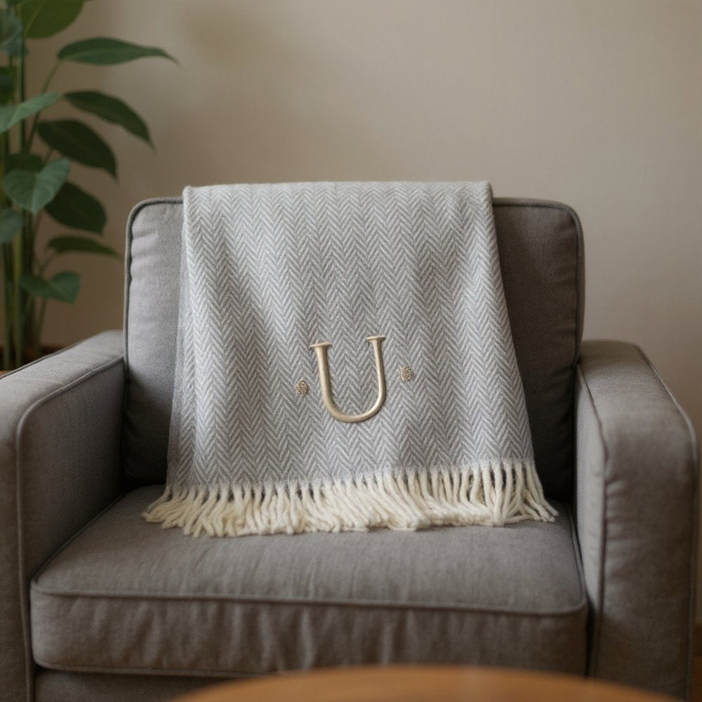 55" X 70" Gray And White Herringbone Cotton Blend A Initial Throw Blanket with Tassels And Embroidery