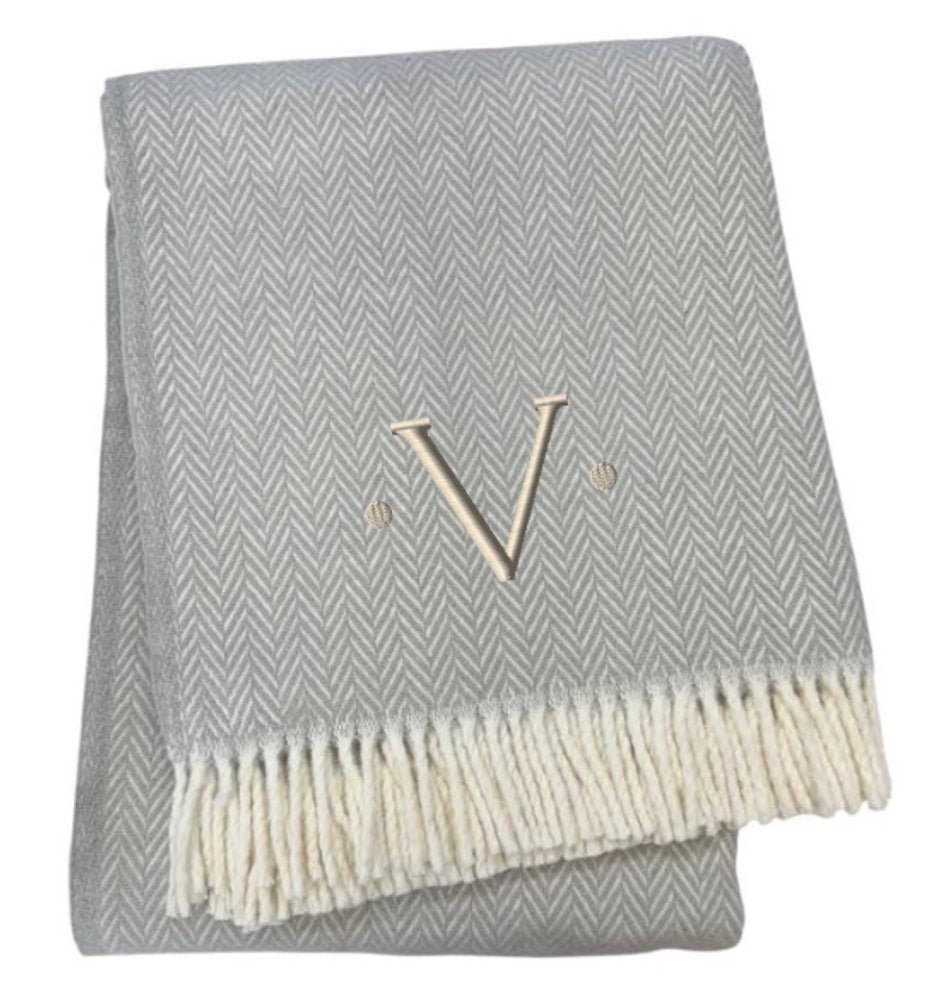 55" X 70" Gray And White Herringbone Cotton Blend A Initial Throw Blanket with Tassels And Embroidery