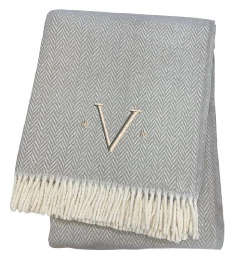 55" X 70" Gray And White Herringbone Cotton Blend A Initial Throw Blanket with Tassels And Embroidery