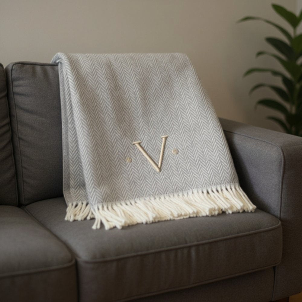 55" X 70" Gray And White Herringbone Cotton Blend A Initial Throw Blanket with Tassels And Embroidery