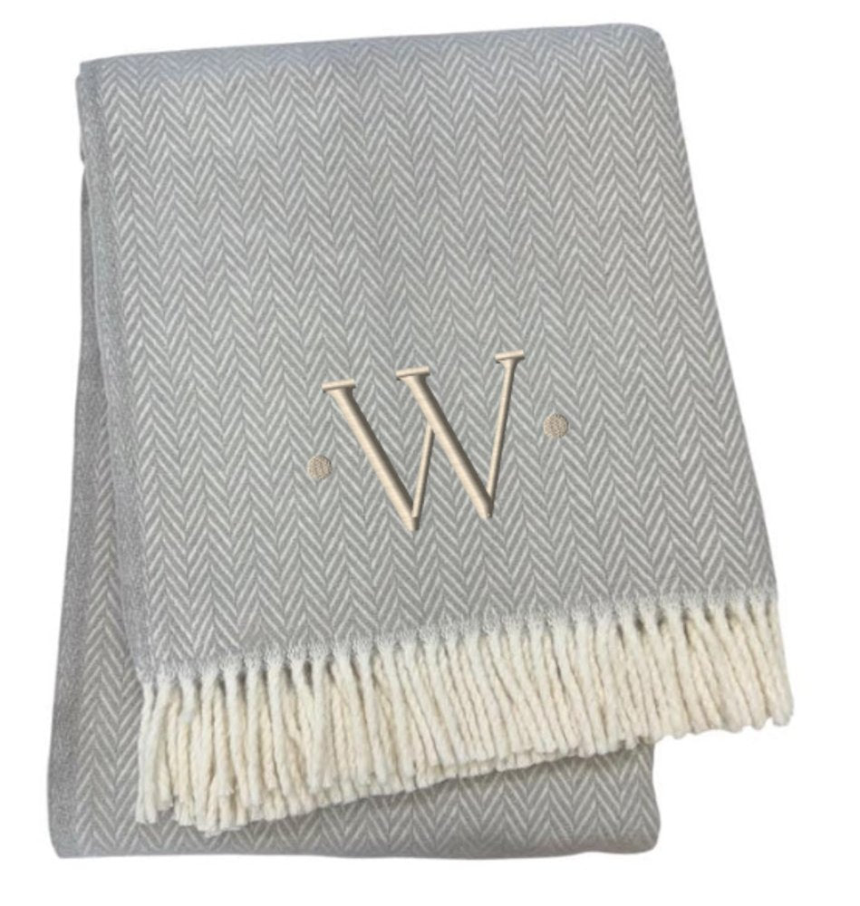 55" X 70" Gray And White Herringbone Cotton Blend A Initial Throw Blanket with Tassels And Embroidery