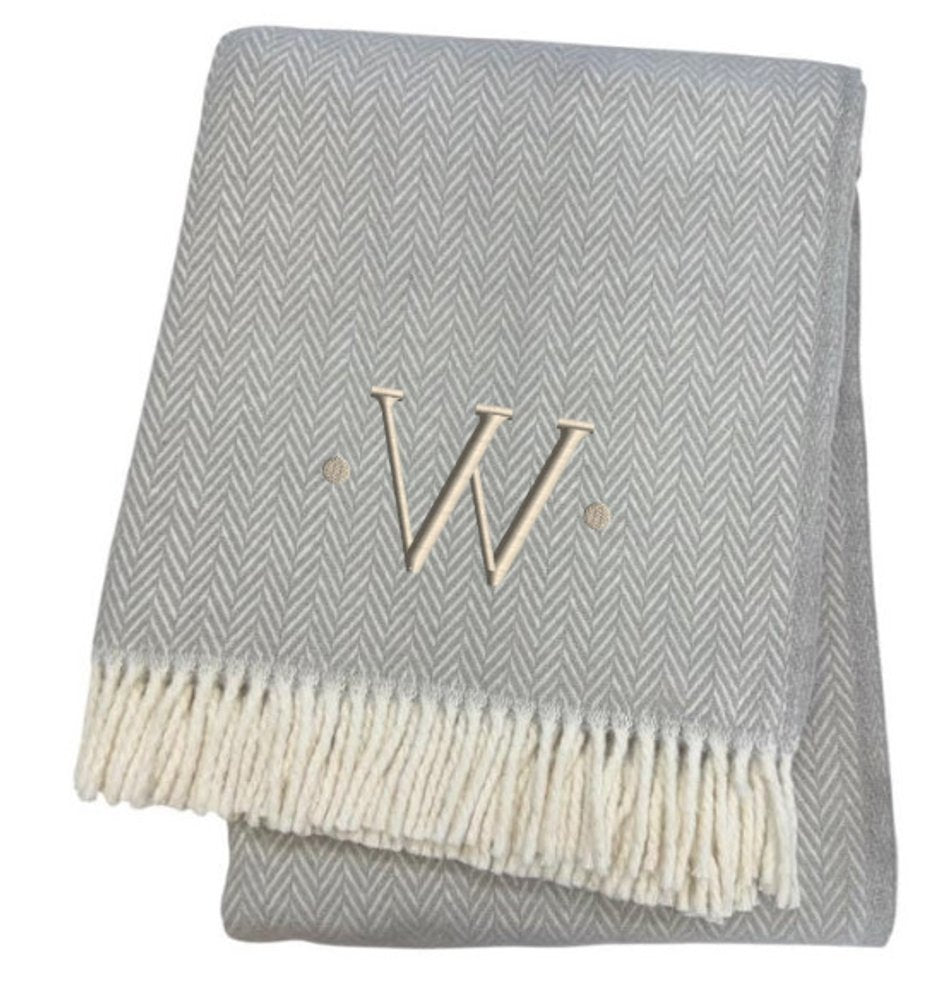 55" X 70" Gray And White Herringbone Cotton Blend A Initial Throw Blanket with Tassels And Embroidery