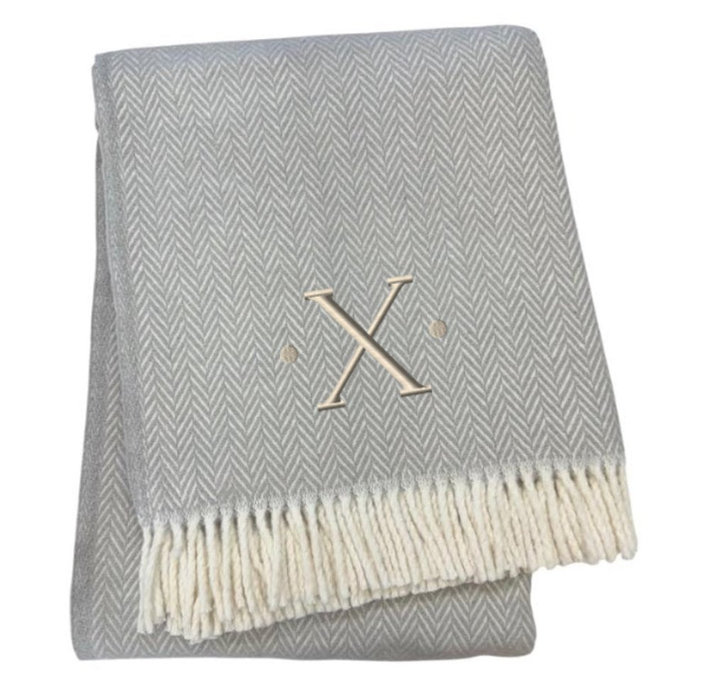 55" X 70" Gray And White Herringbone Cotton Blend A Initial Throw Blanket with Tassels And Embroidery