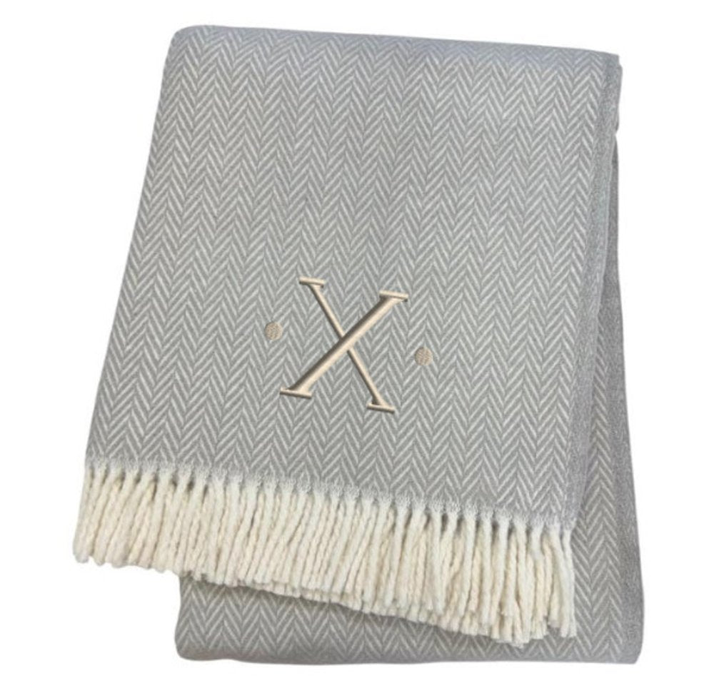 55" X 70" Gray And White Herringbone Cotton Blend A Initial Throw Blanket with Tassels And Embroidery