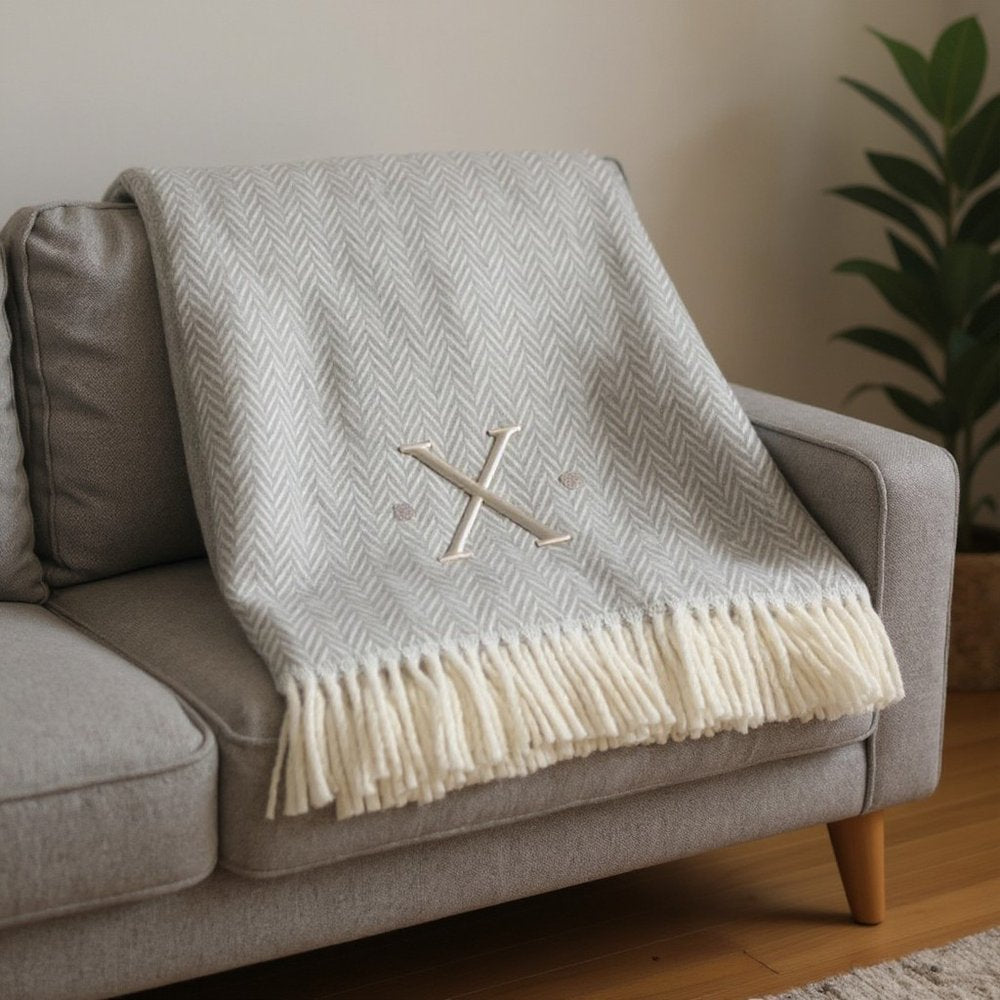55" X 70" Gray And White Herringbone Cotton Blend A Initial Throw Blanket with Tassels And Embroidery