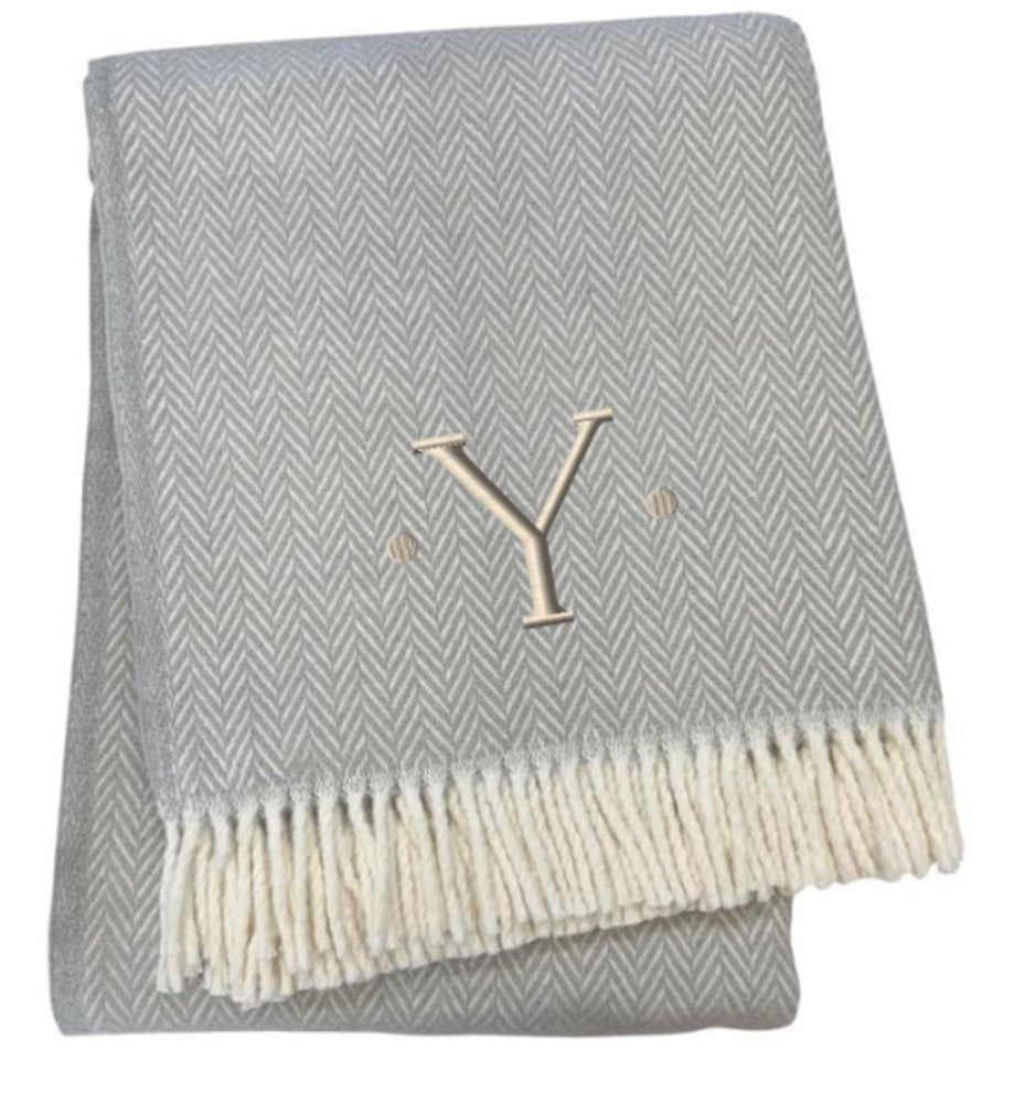 55" X 70" Gray And White Herringbone Cotton Blend A Initial Throw Blanket with Tassels And Embroidery