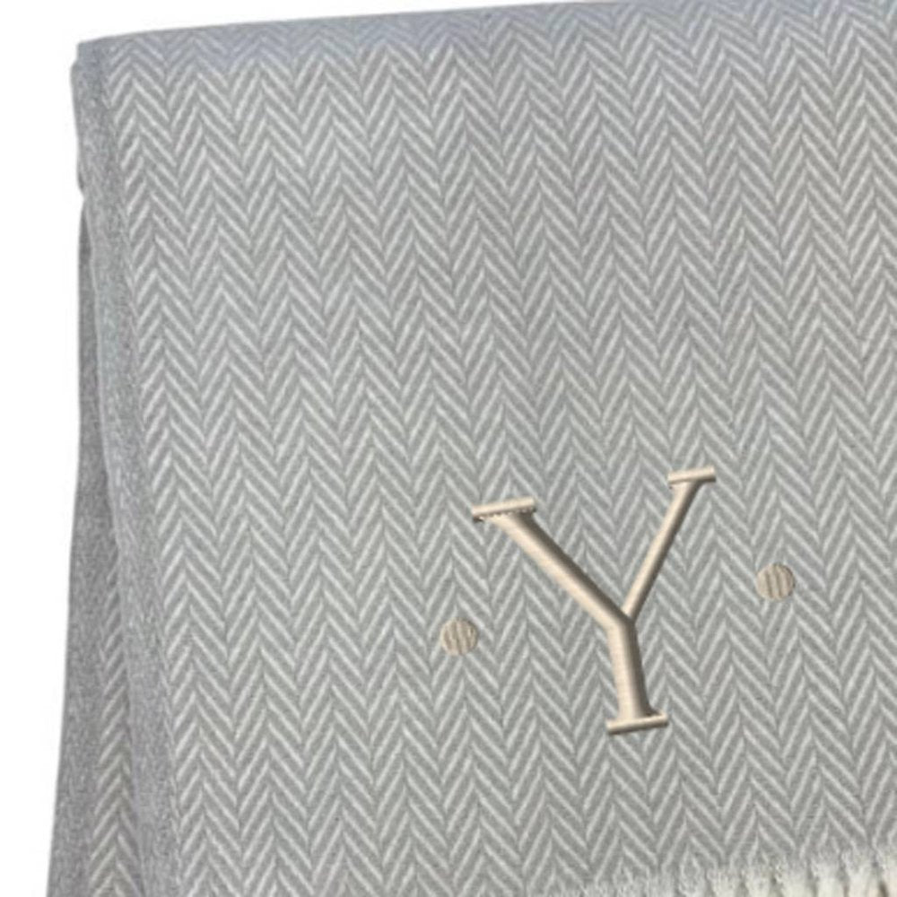 55" X 70" Gray And White Herringbone Cotton Blend A Initial Throw Blanket with Tassels And Embroidery