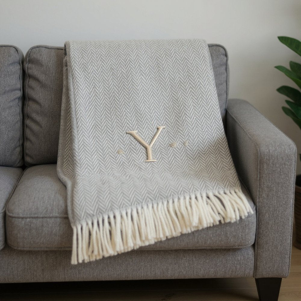 55" X 70" Gray And White Herringbone Cotton Blend A Initial Throw Blanket with Tassels And Embroidery