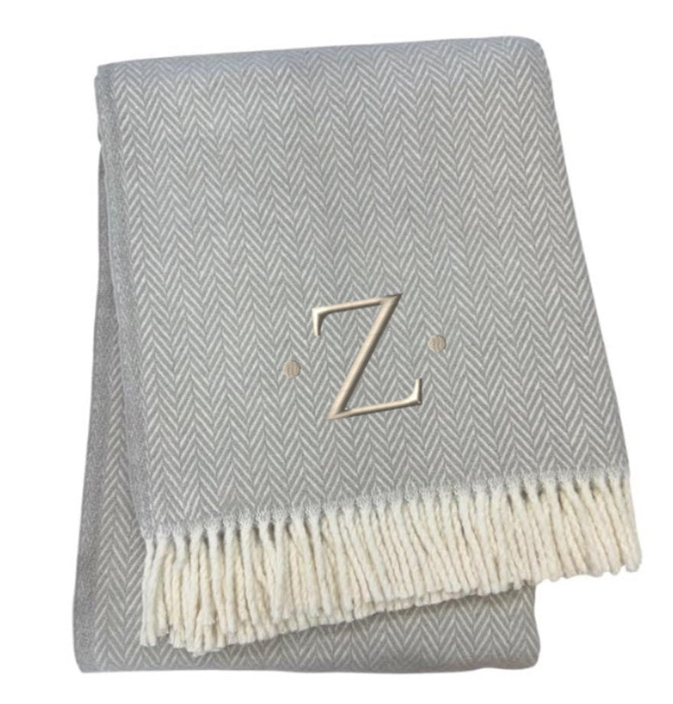55" X 70" Gray And White Herringbone Cotton Blend A Initial Throw Blanket with Tassels And Embroidery