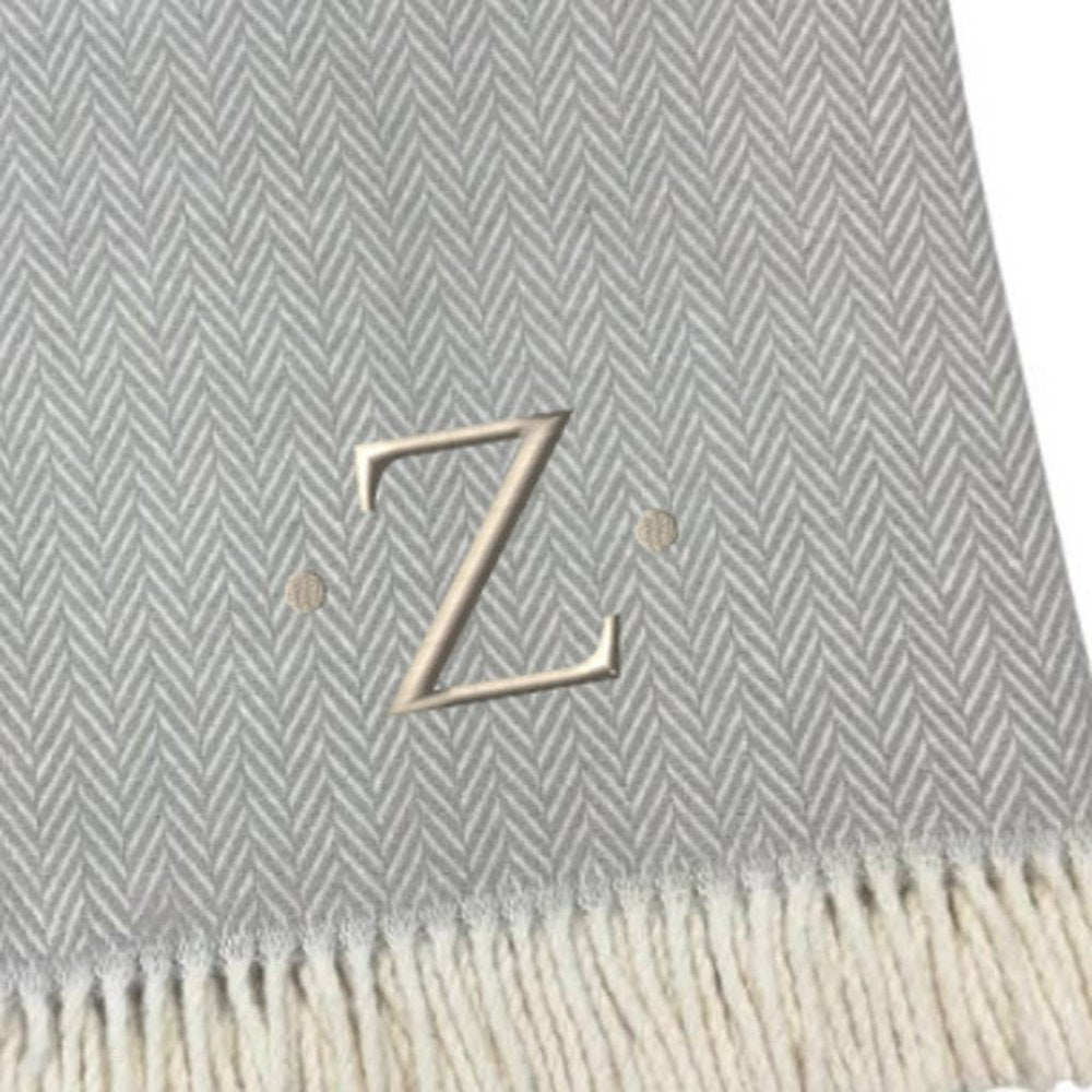 55" X 70" Gray And White Herringbone Cotton Blend A Initial Throw Blanket with Tassels And Embroidery