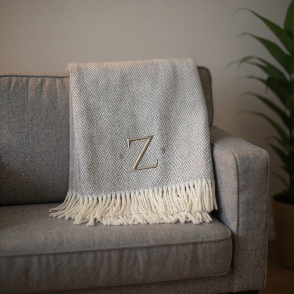 55" X 70" Gray And White Herringbone Cotton Blend A Initial Throw Blanket with Tassels And Embroidery