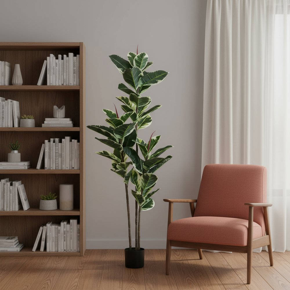 7" Green Artificial Rubber In Cylindrical Black Cement Pot