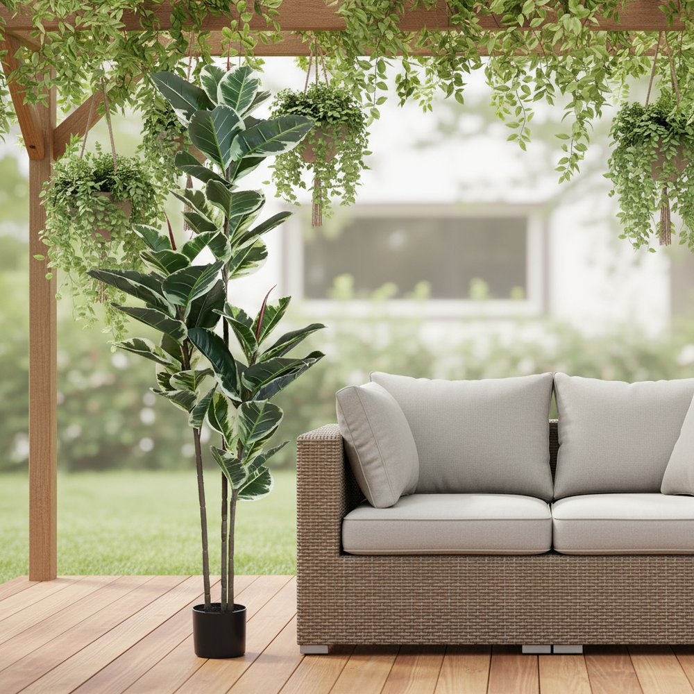 7" Green Artificial Rubber In Cylindrical Black Cement Pot