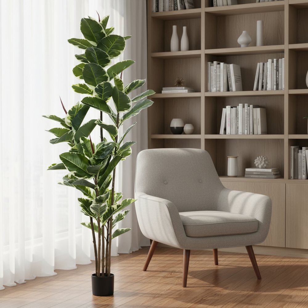 7" Green Artificial Rubber In Cylindrical Black Cement Pot