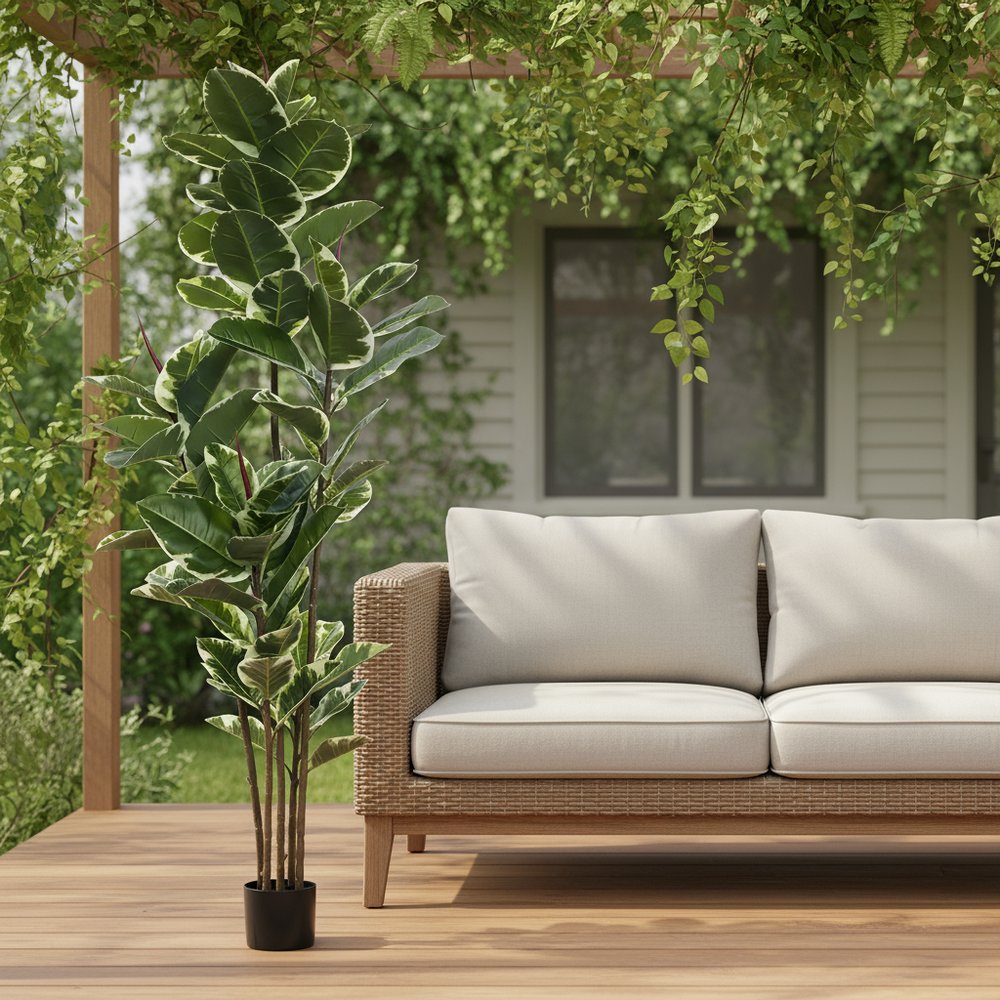 7" Green Artificial Rubber In Cylindrical Black Cement Pot