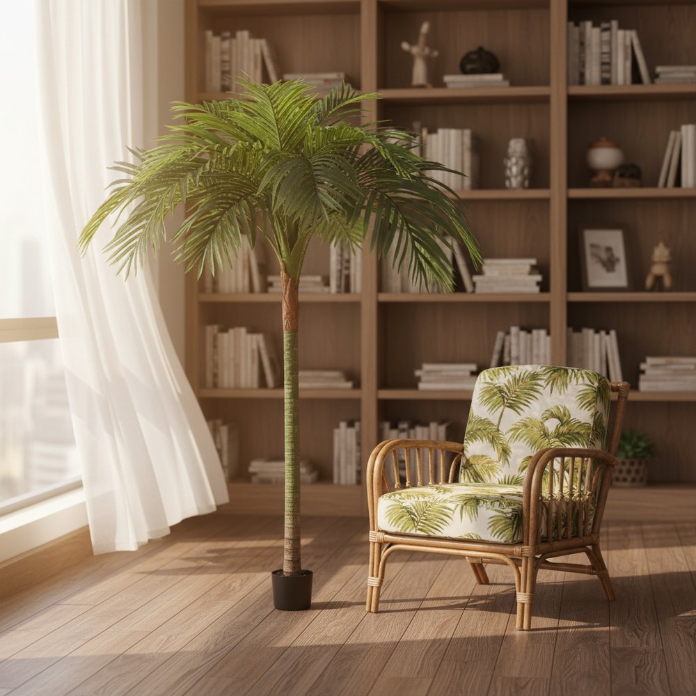 7" Green Artificial Palm In Cylindrical Black Cement Pot