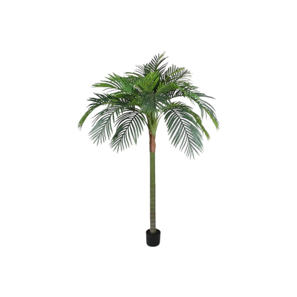 7" Green Artificial Palm In Cylindrical Black Cement Pot