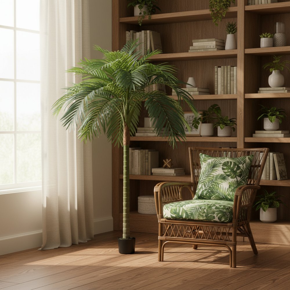 7" Green Artificial Palm In Cylindrical Black Cement Pot