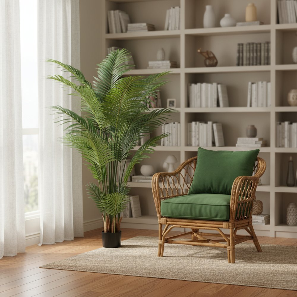 7" Green Artificial Palm In Cylindrical Black Cement Pot