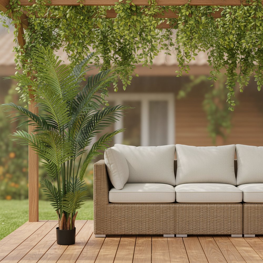 7" Green Artificial Palm In Cylindrical Black Cement Pot